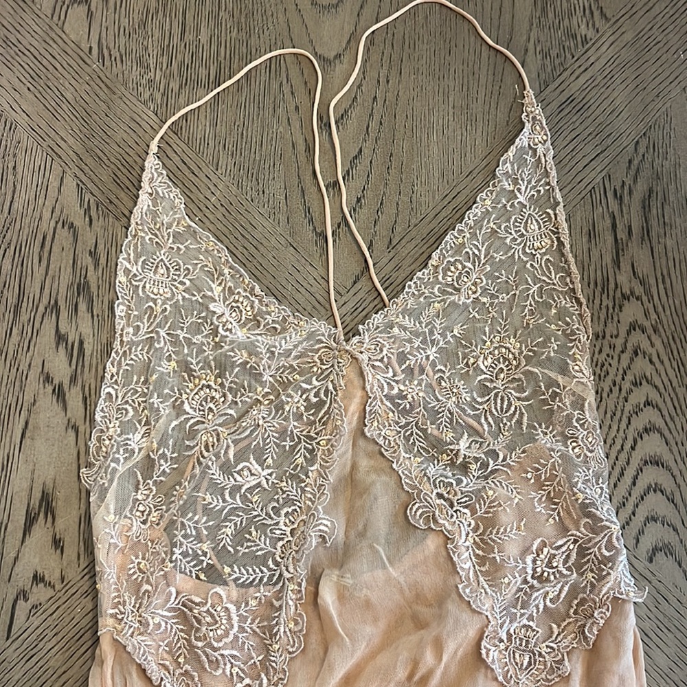 Free People Ivory Sheer Current Obsession Lace Maxi Slit Cut Slip Dress Small - Picture 10 of 14